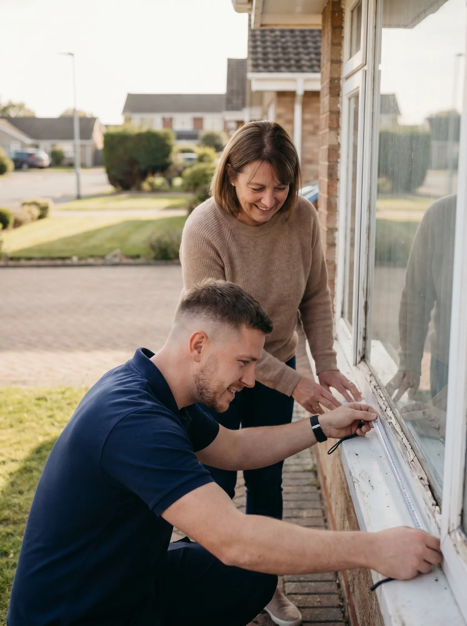 Un conseiller Renoconnect qui prend les mesures d’une fenêtre avec une cliente