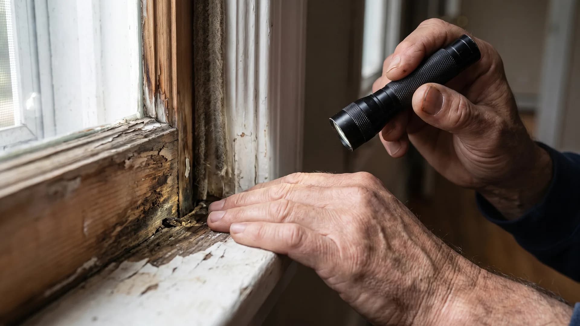 Inspecting the bottom of a wooden window frame, blistered paint and wood darkened by water