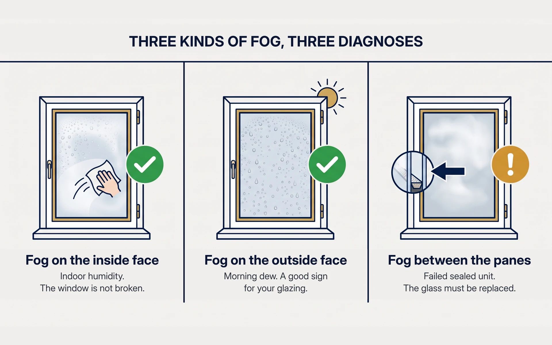 Infographic comparing three kinds of window fog: inside face, outside face and between the panes