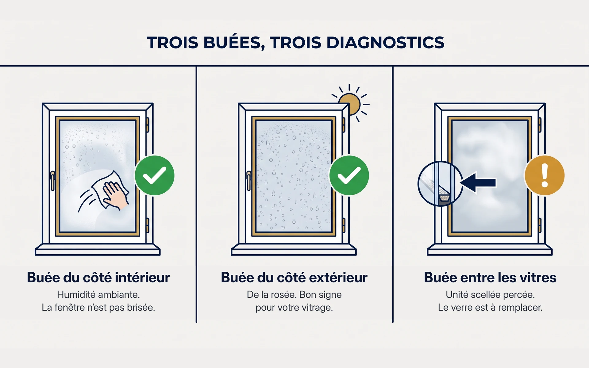 Infographie comparant trois buées de fenêtre: côté intérieur, côté extérieur et entre les vitres