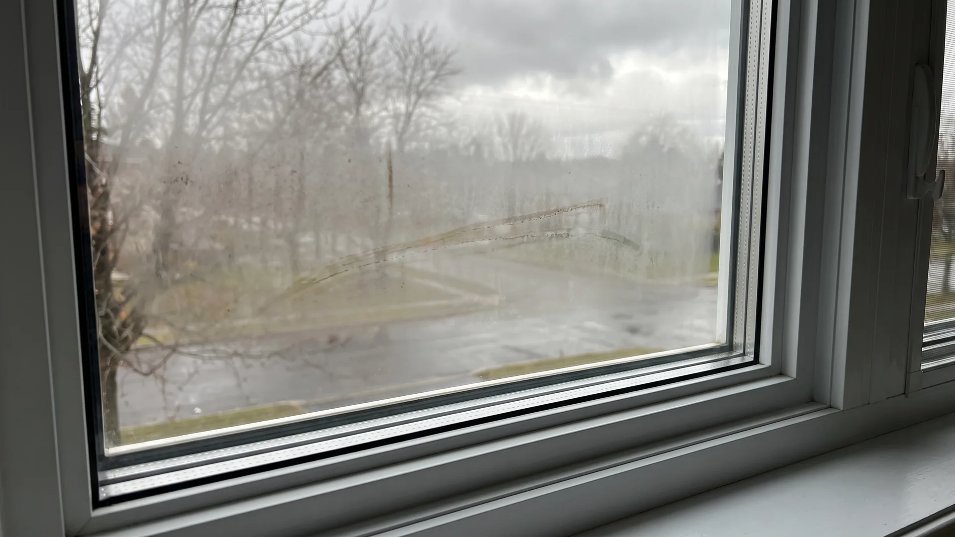 A film of condensation trapped between the two panes of a PVC window, seen from inside