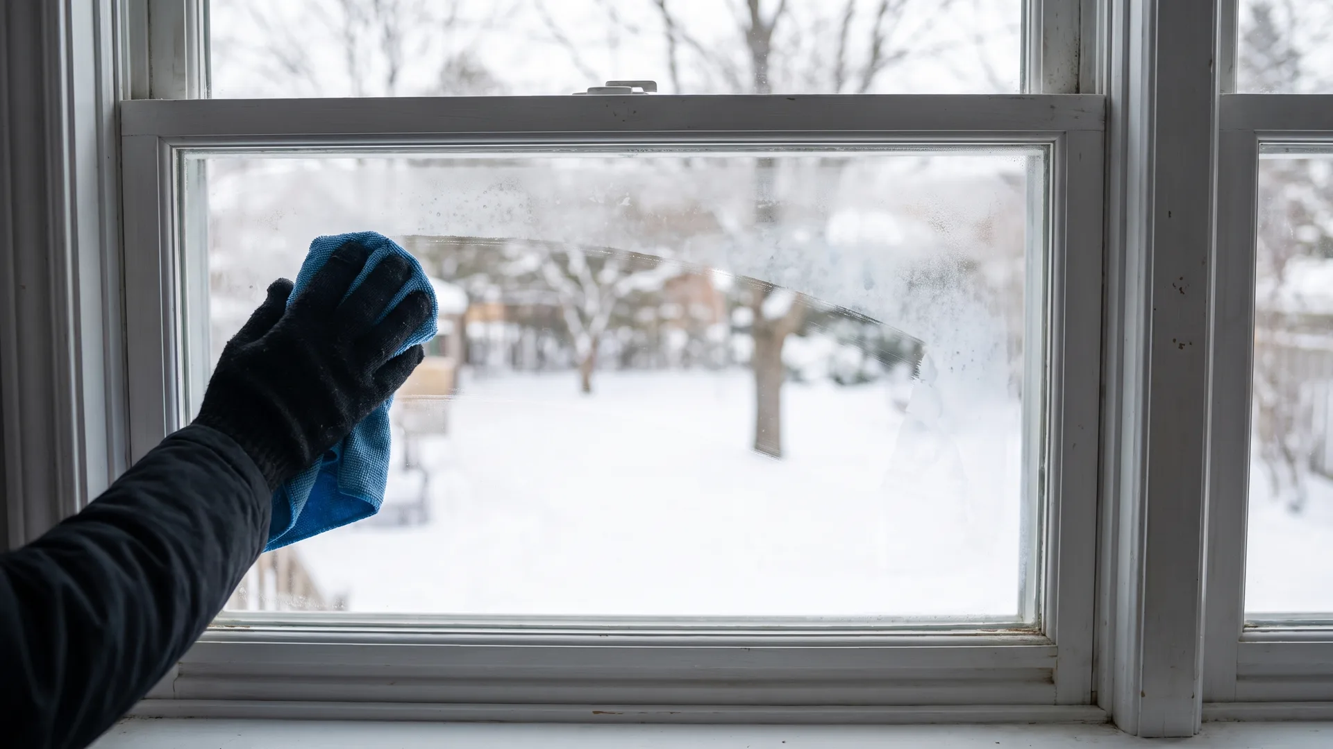 A hand wiping a window pane with a blue cloth, the clear streak contrasting with the haze left inside the glass