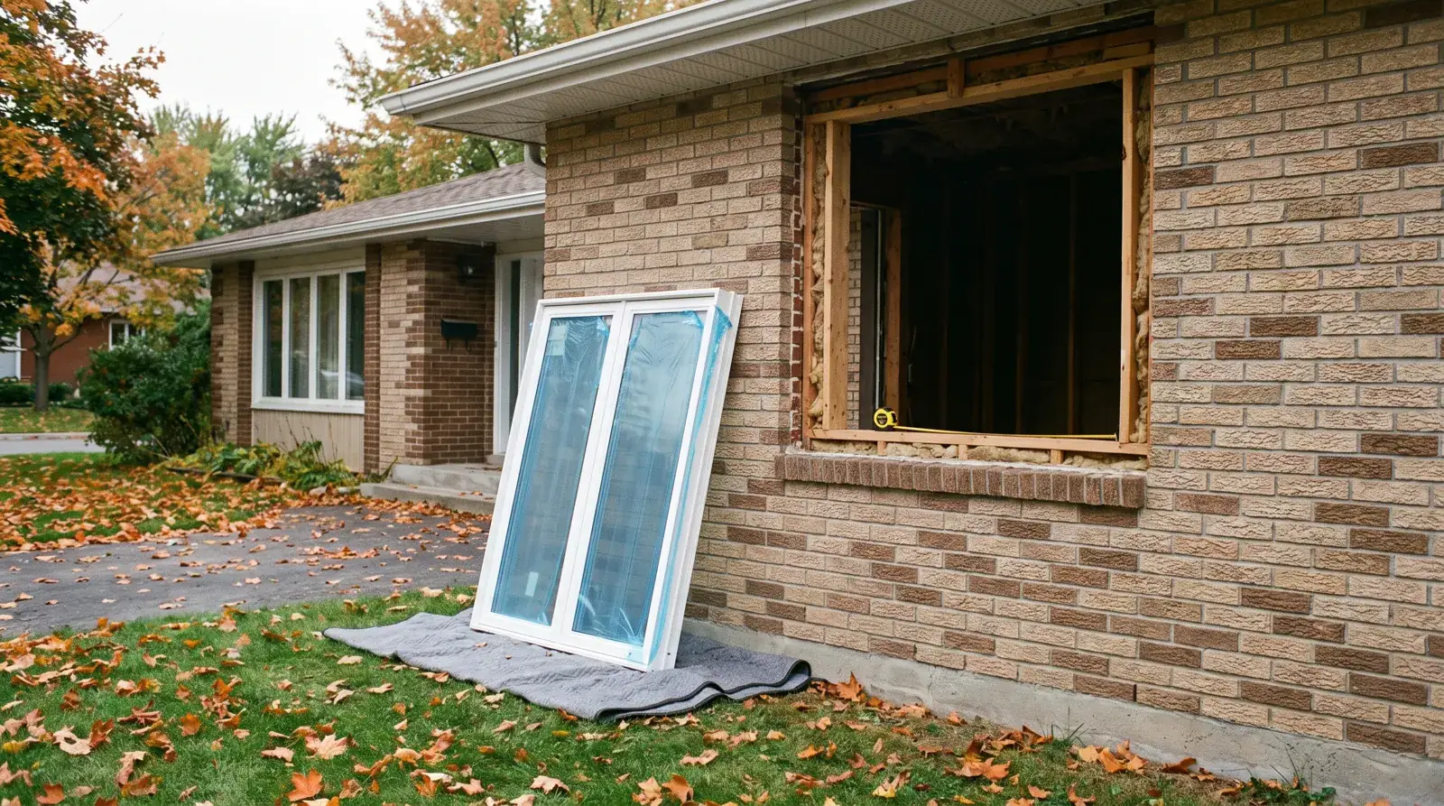 Bungalow de brique à Laval en automne, une vieille fenêtre retirée et une fenêtre de PVC neuve appuyée contre le mur
