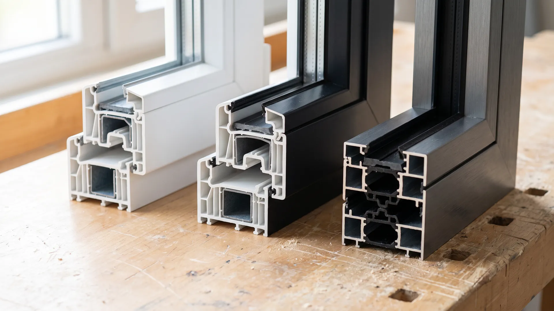 Trois coins de cadres de fenêtre coupés sur un établi: PVC blanc à chambres d’air, hybride blanc et noir, aluminium gris foncé