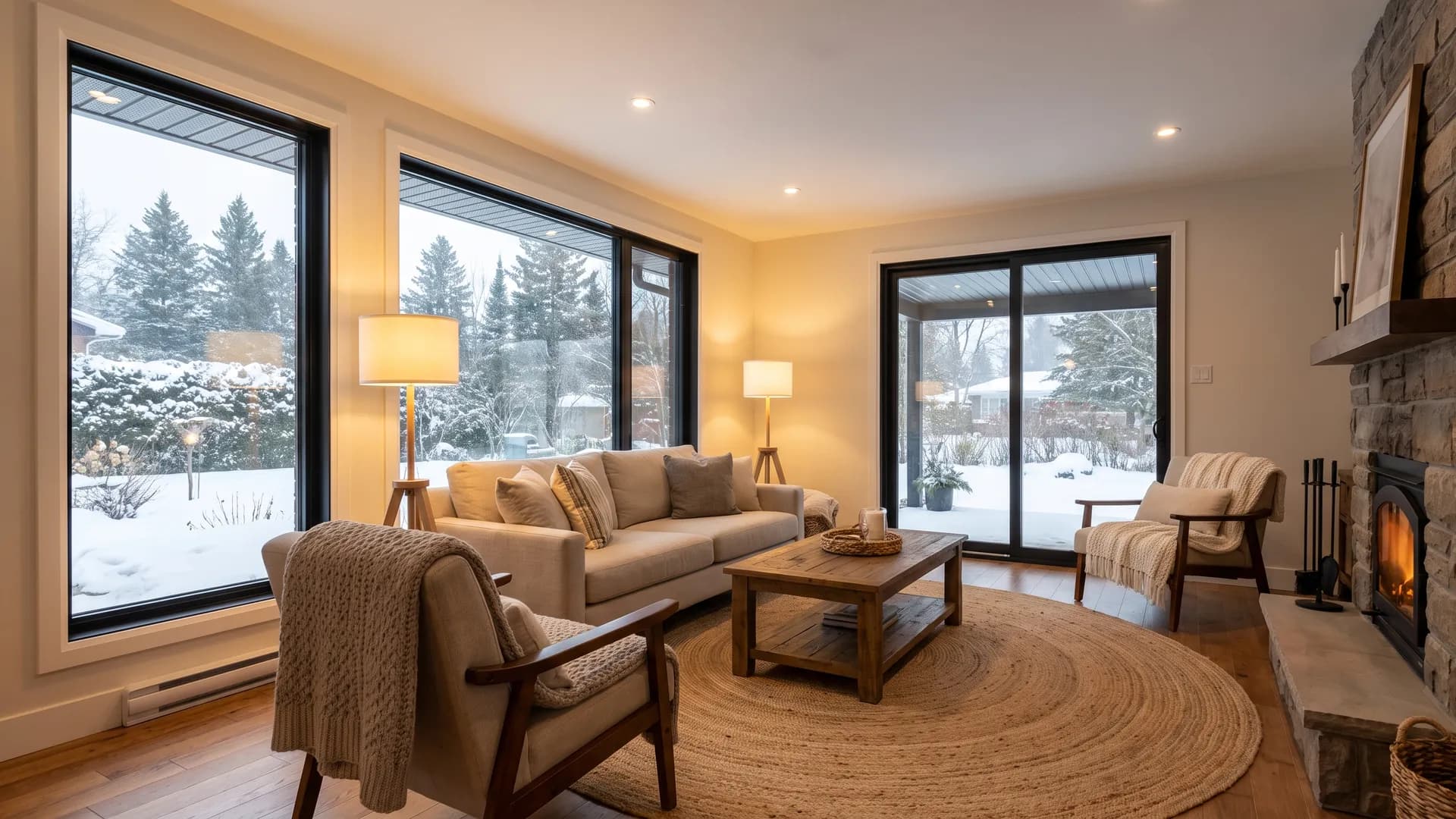 Salon lumineux en hiver avec une grande fenêtre fixe et une porte-patio à cadres noirs minces