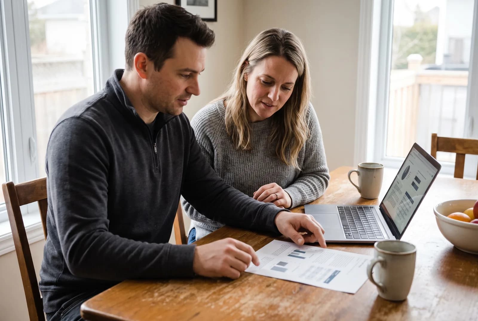 Conseiller et propriétaire assis à une table de cuisine, en train de regarder ensemble un rapport et un ordinateur portable