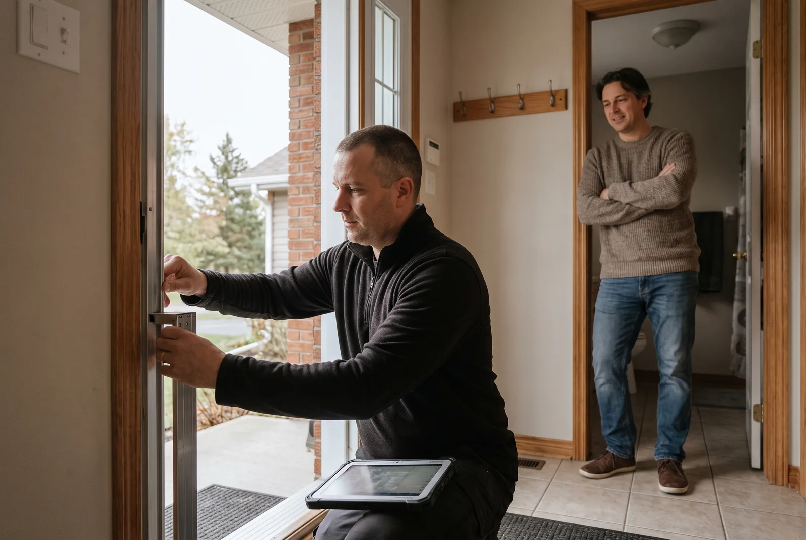Conseiller réalisant un test d’infiltrométrie à l’entrée d’une maison, pendant que le propriétaire observe