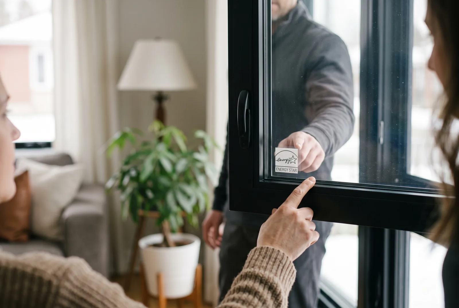 Propriétaire pointant l’étiquette de certification ENERGY STAR dans le coin d’une fenêtre neuve