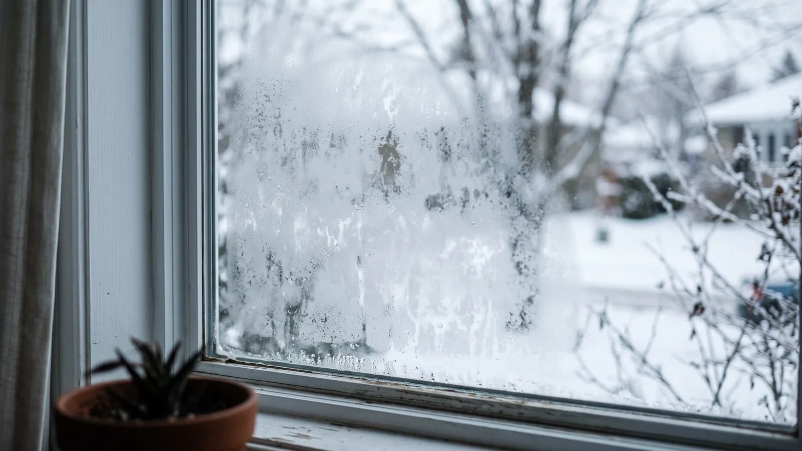 Condensation trapped between the two panes of a residential window in winter
