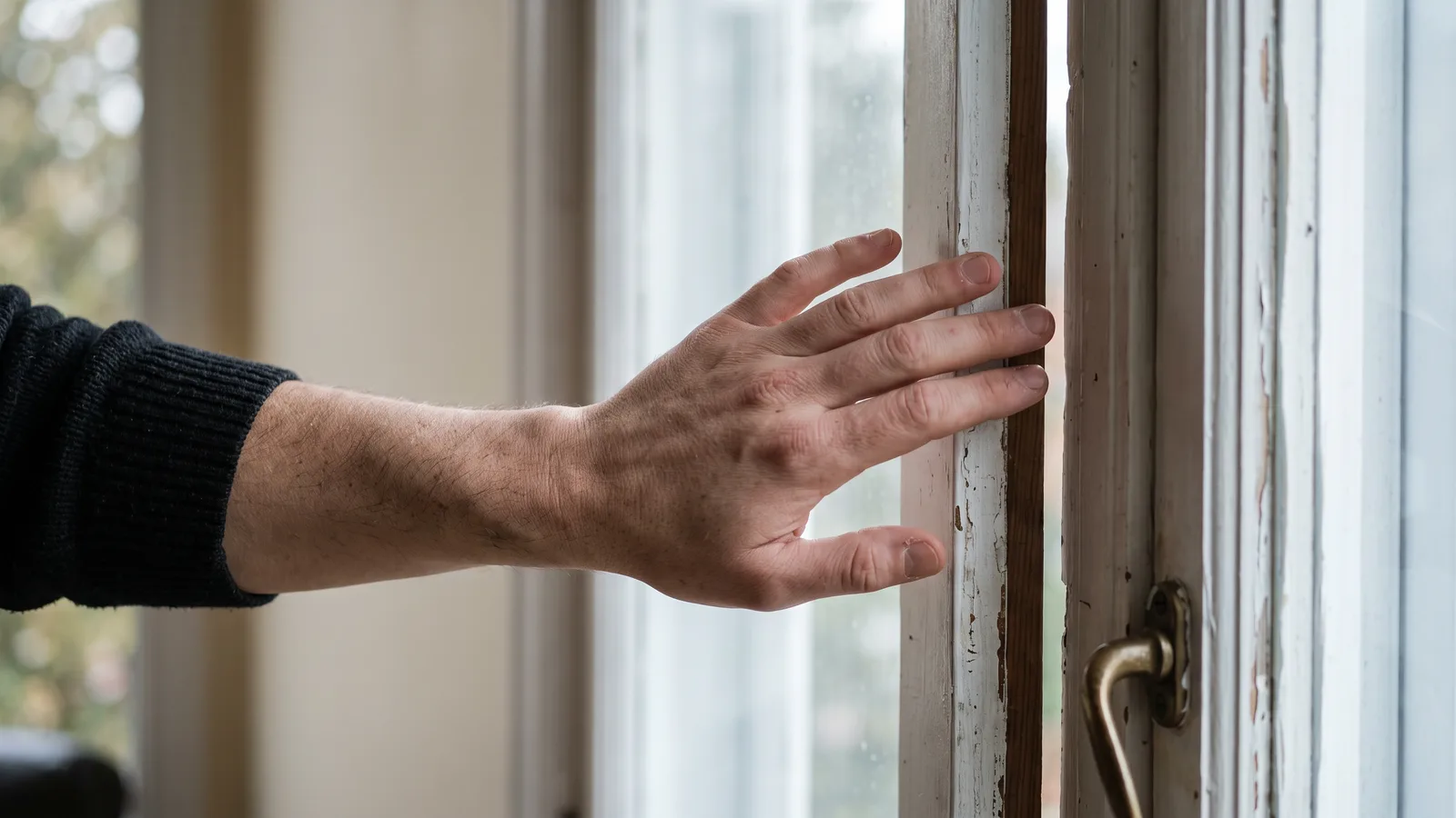Hand testing for a draft near the worn frame of an old window
