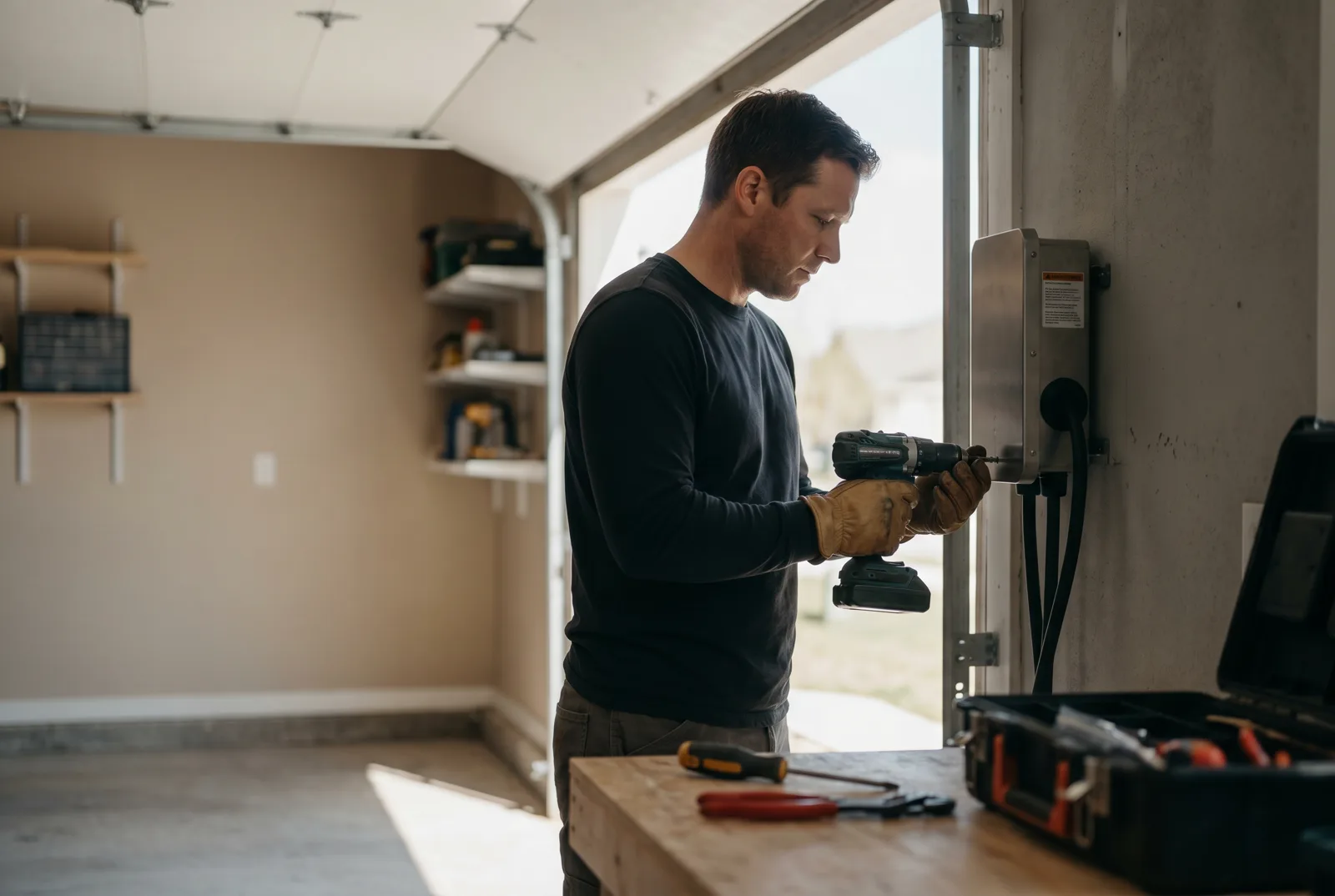 Electrician installing an EV charger in a garage in Laval