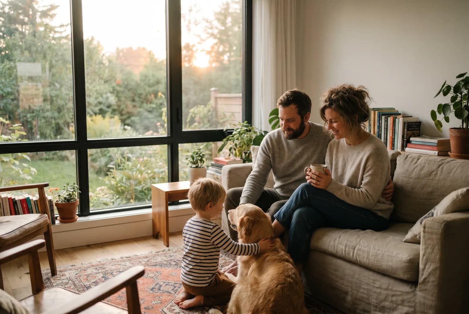 Family in a living room with new windows