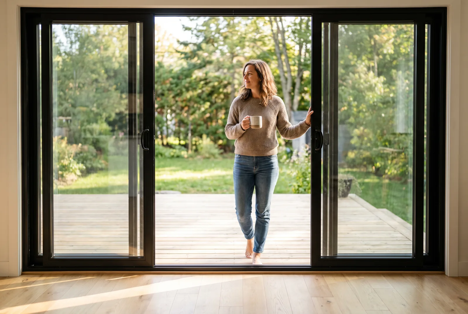 New patio door opening onto a yard in Laval