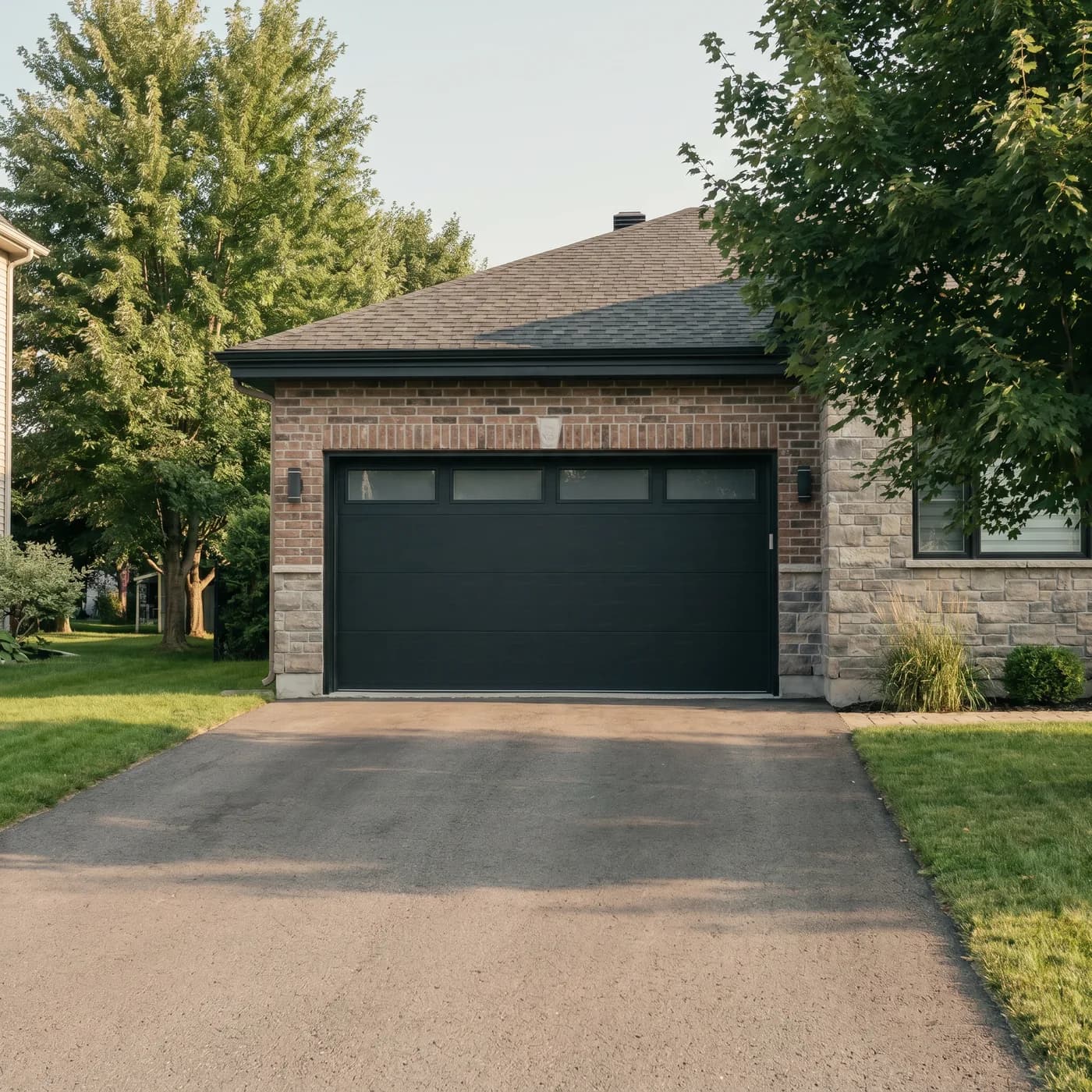 Modern black garage door on a home in Laval
