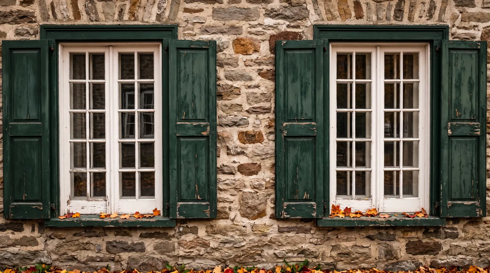 Fenêtres de bois à petits carreaux et volets verts sur une maison de pierre ancienne