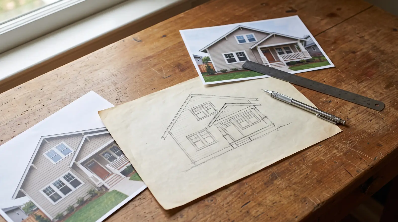Plan à l’échelle d’une façade, photos de la maison et documents pour une demande de permis