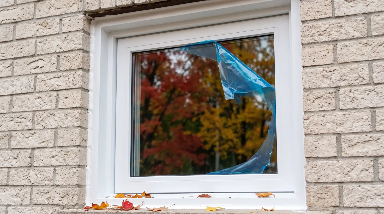 Fenêtre à battant en PVC blanc tout juste posée dans un mur de brique pâle