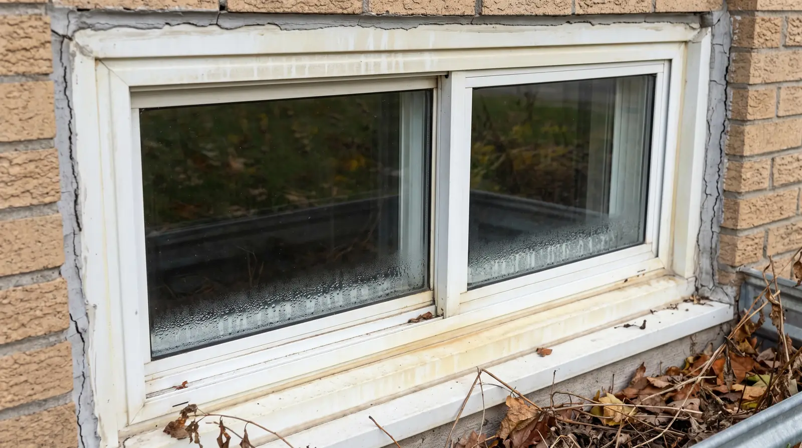 Vieille fenêtre coulissante en aluminium au cadre jauni sur un bungalow de brique