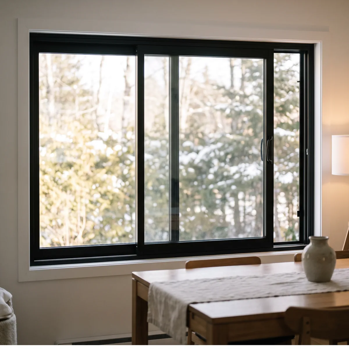 Black aluminium slider window, one panel slid horizontally