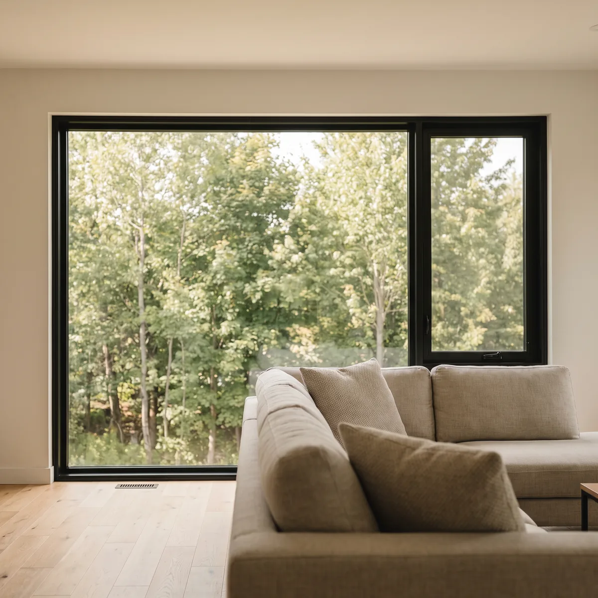 Fenêtre panoramique à cadre d’aluminium noir, pleine hauteur sur un salon