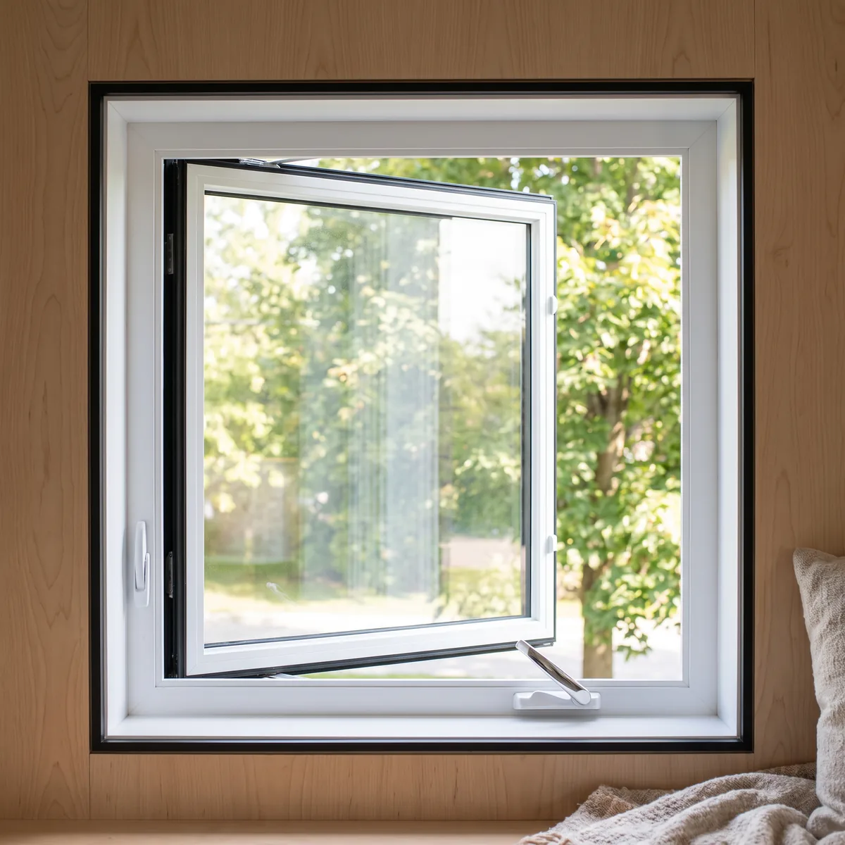 Fenêtre hybride battante, PVC blanc à l’intérieur et aluminium noir à l’extérieur