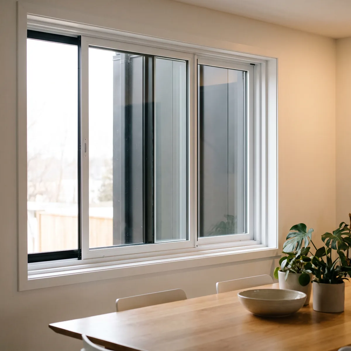 Fenêtre hybride coulissante, intérieur blanc et cadre extérieur noir