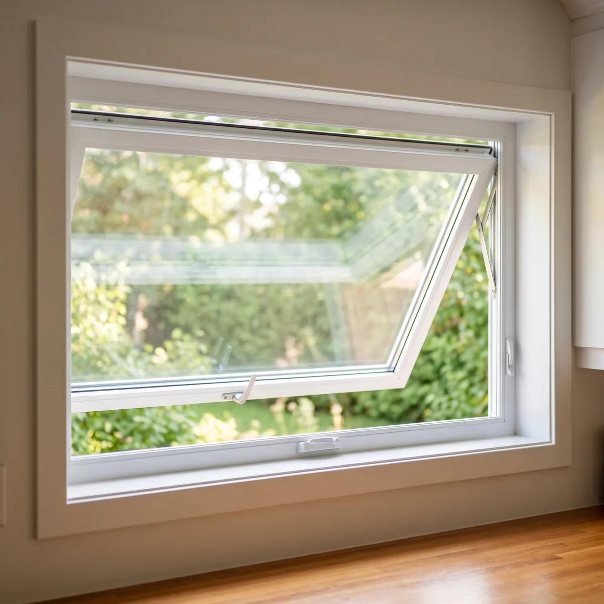 White PVC awning window, top-hinged and open above a counter