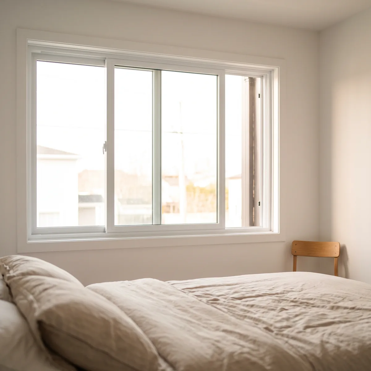 White PVC slider window, one panel slid horizontally