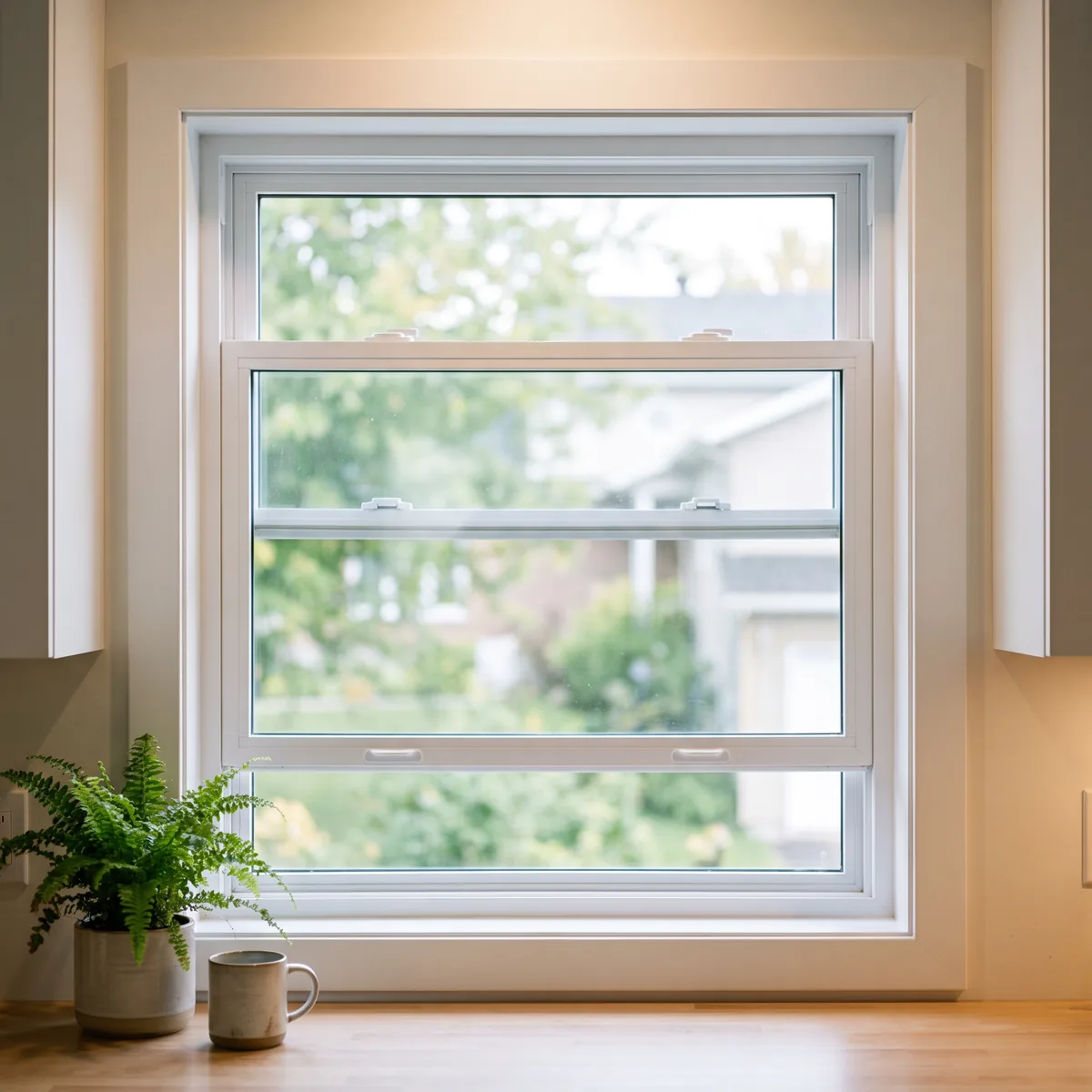 White PVC single-hung window, bottom sash slid vertically upward
